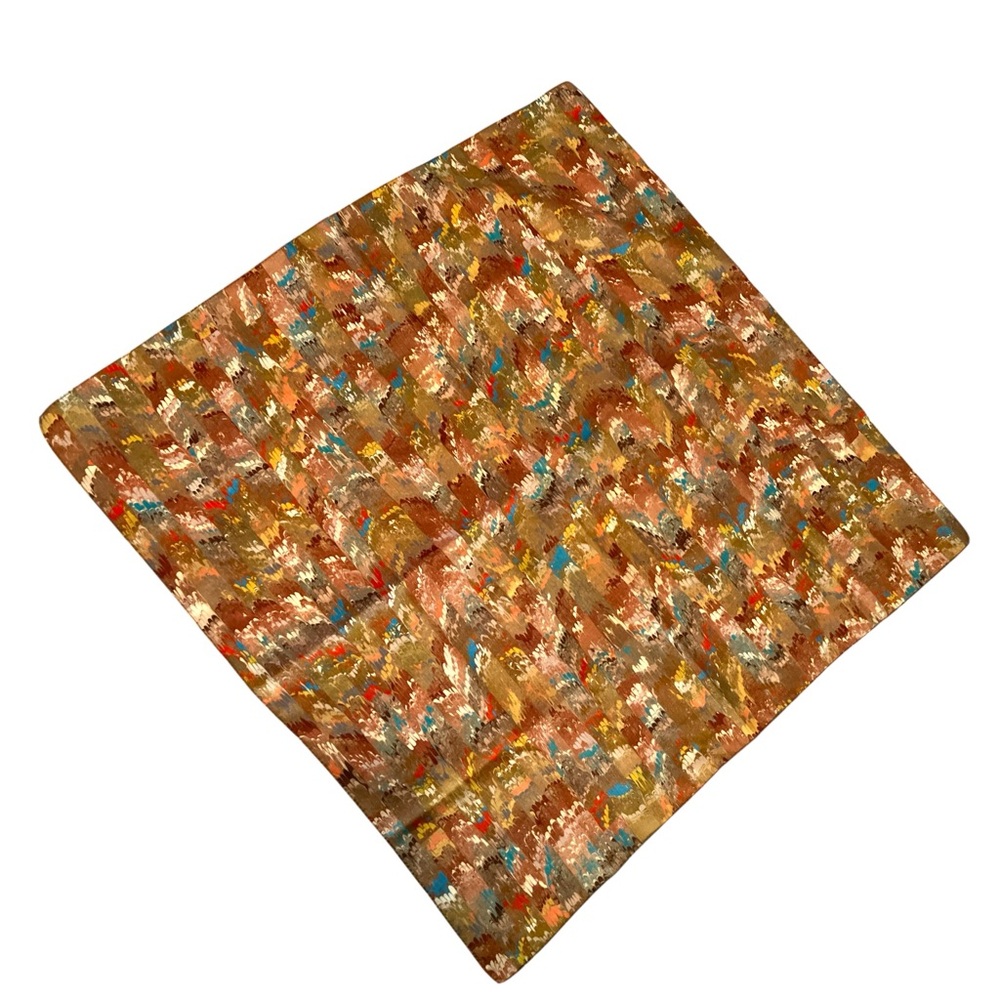 Vintage 70s Marbled Feather Print Square Scarf - Brown, Teal & Red Retro